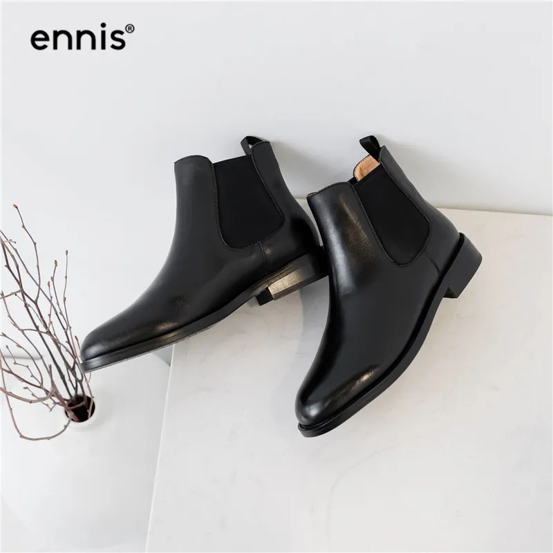 ENNIS/брендовые черные броги; женские ботинки; ботинки «Челси» из натуральной кожи; лакированные ботильоны; обувь на плоской подошве; женская модная Осенняя обувь; A9336