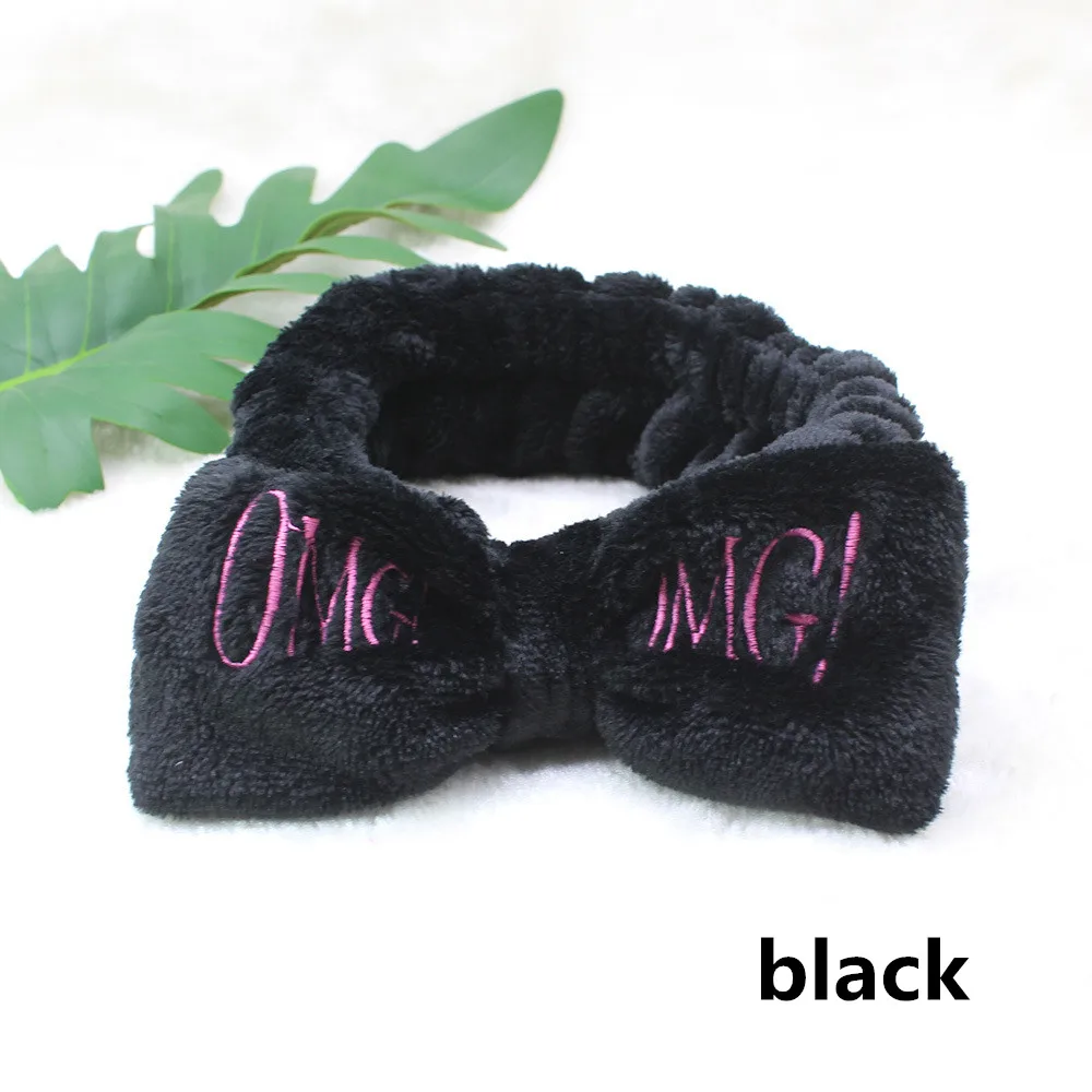 black Новые OMG буквы кораллового флиса мыть лицо лук повязки для женщин повязки на голову для девочек головной убор-лента для волос аксессуары для волос в виде тюрбана - Цвет: black
