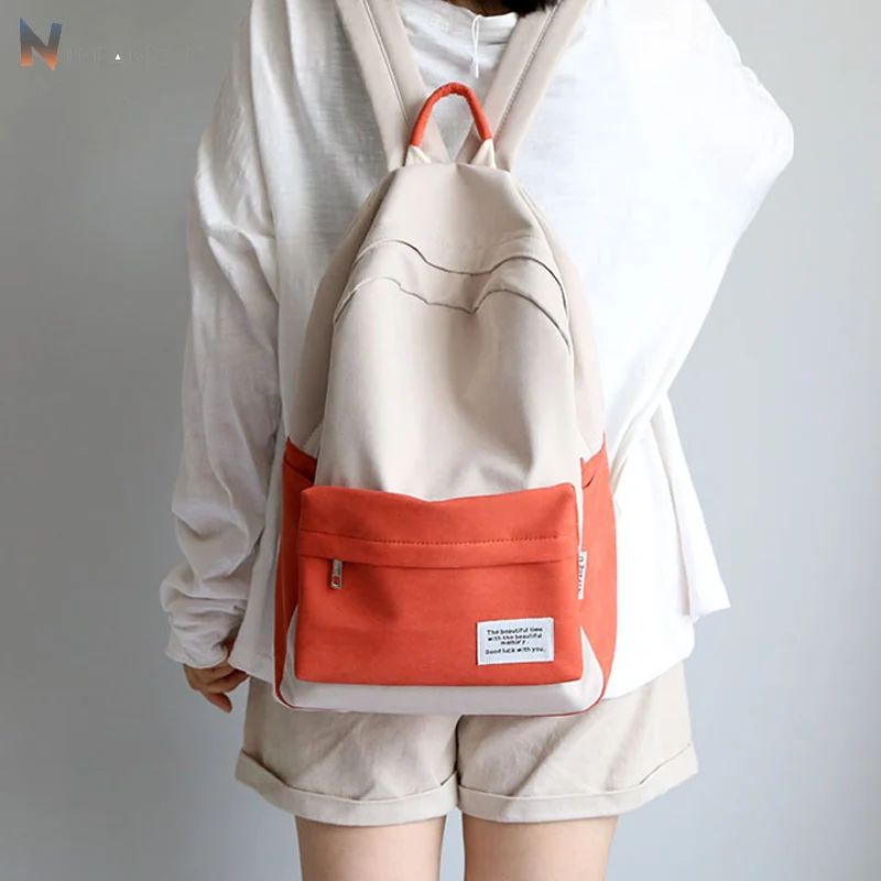 

NUFANGU 2020 Design Macarons Color Match Cotton Fabric Women Backpack College School Student Book Bags Girls Leisure Middle
