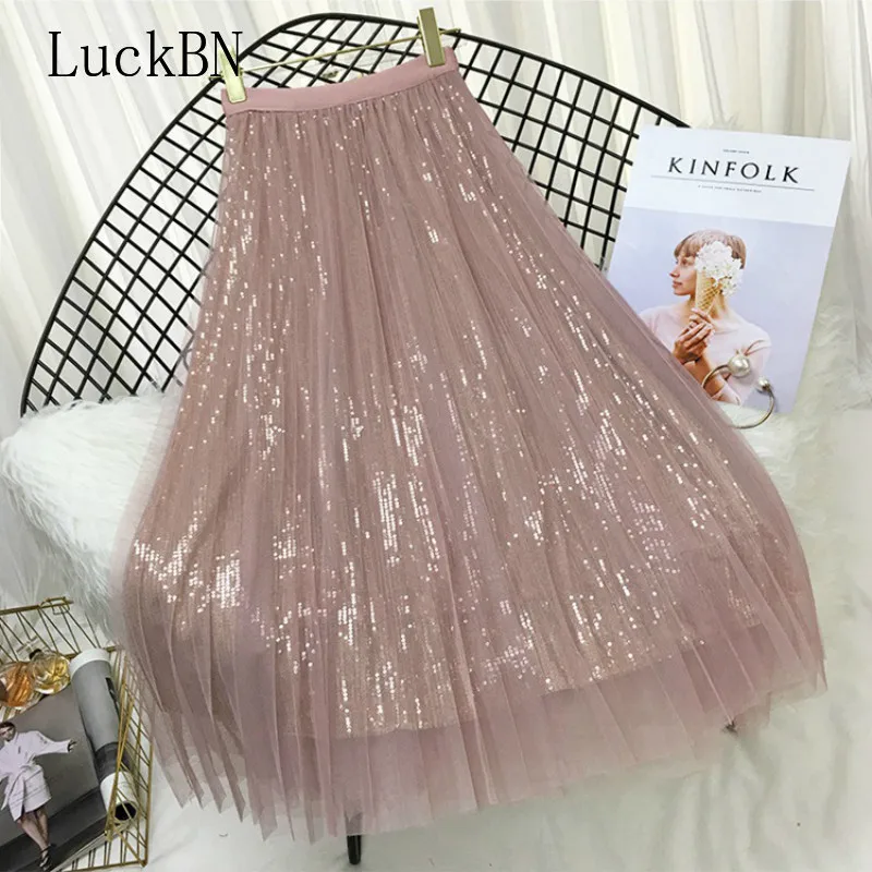 LuckBN весенне-летние юбки женские корейские длинные тюлевые юбки с блестками плиссированные трапециевидные юбки средней длины шикарная Осенняя Женская юбка с высокой талией