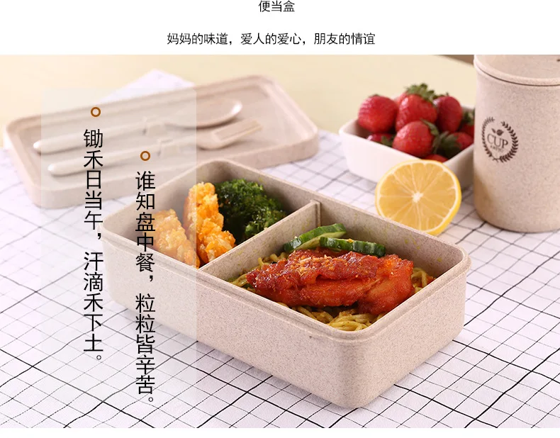 Arsto Wheat Straw Container with Fork Spoon Chopsticks Eat Box Creative Lunch Box Seperated Square Children Students Tableware