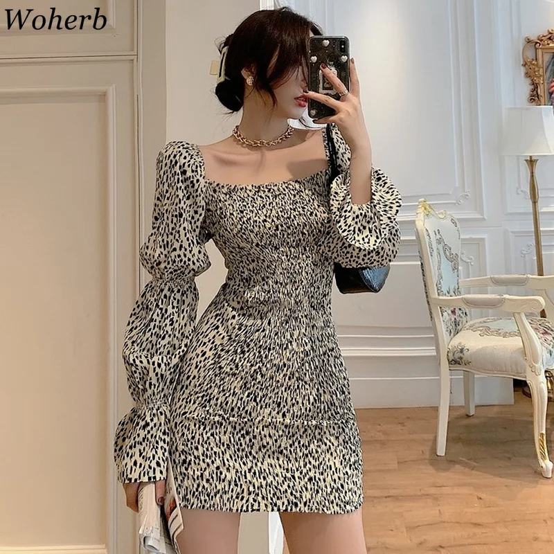 Woherb весеннее женское леопардовое мини-платье ретро французское облегающее