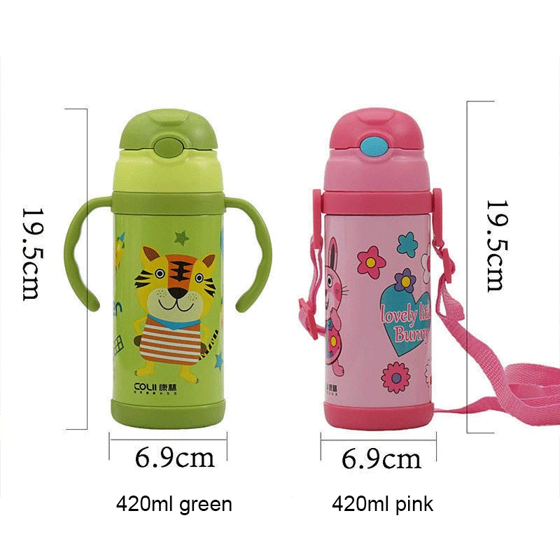 420ml Children Travel Thermos Cup Bottle Portable Double Cap Kids Vacuum Flask Stainless Steel Drinking Water Bottle Thermoses