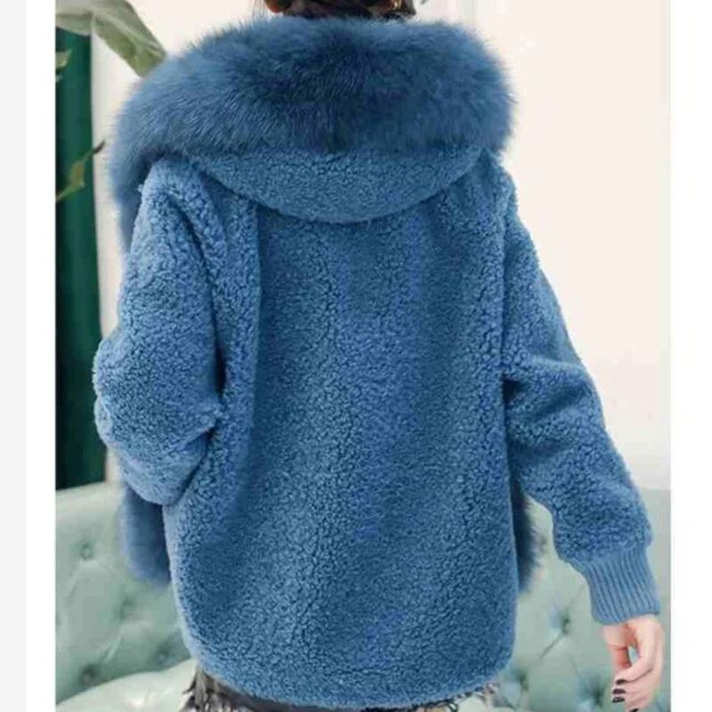 Новое Женское пальто из натурального меха с воротником из лисьего меха с капюшоном женская Свободная куртка из натуральной овечьей шерсти Manteau Femme R329