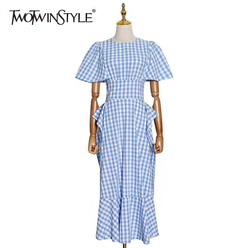 TWOTWINSTYLE Patchwork Plaid Women Dress O Neck Short Sleeve High Waist Ruffle Hit Color Elegant Dresses Female 2020 New Style TWOTWINSTYLE Patchwork Plaid Women Dress O Neck Short Sleeve High Waist Ruffle Hit Color Elegant Dresses Female 2020 New Style