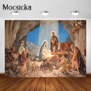 

Mocsicka Christmas Figurines Jesus Backdrop Mary Joseph Sheep and Magi Nativity Story Christ Child Scene Backdrop Photo Shoot