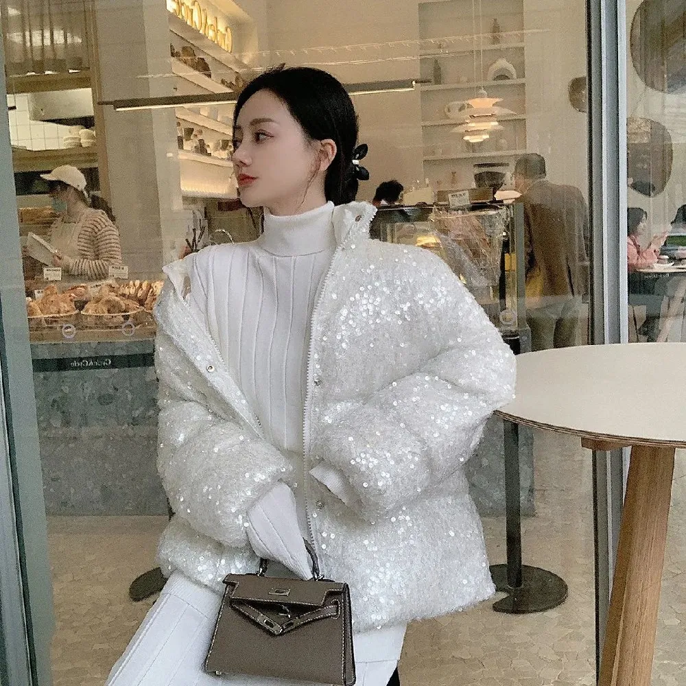 

Sequined White Duck Down Short Down Jacket Women Thicken Parkas 2023 New Fashion Down Jacket Women Korean Loose Parka Coat