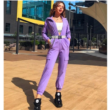 

Women Purple Playsuits Safari Style Zipper Stand Collar Big Pocket Loose Jumpsuits Belt Casual Go Out Sport Overalls Clothing