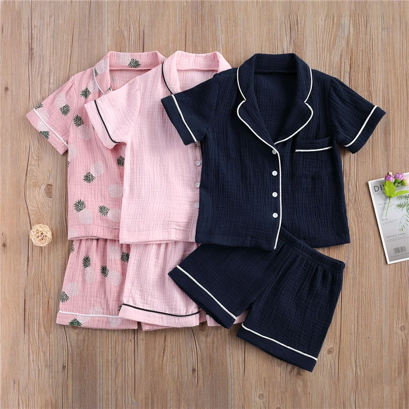 2-7Y Summer Baby Girls Boys Pajama Sets Pattern Print Short Sleeve Single Breasted Shirts Tops Shorts 2pcs Boy Sleepwear | Мать и ребенок