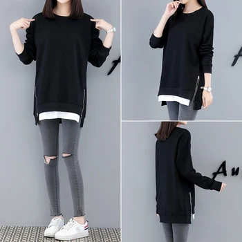 

2019 New Autumn Large Size Loose Long-sleeved O-neck Korean Style Long Black Clothes Women Side Zipper Stitching Pink Tops