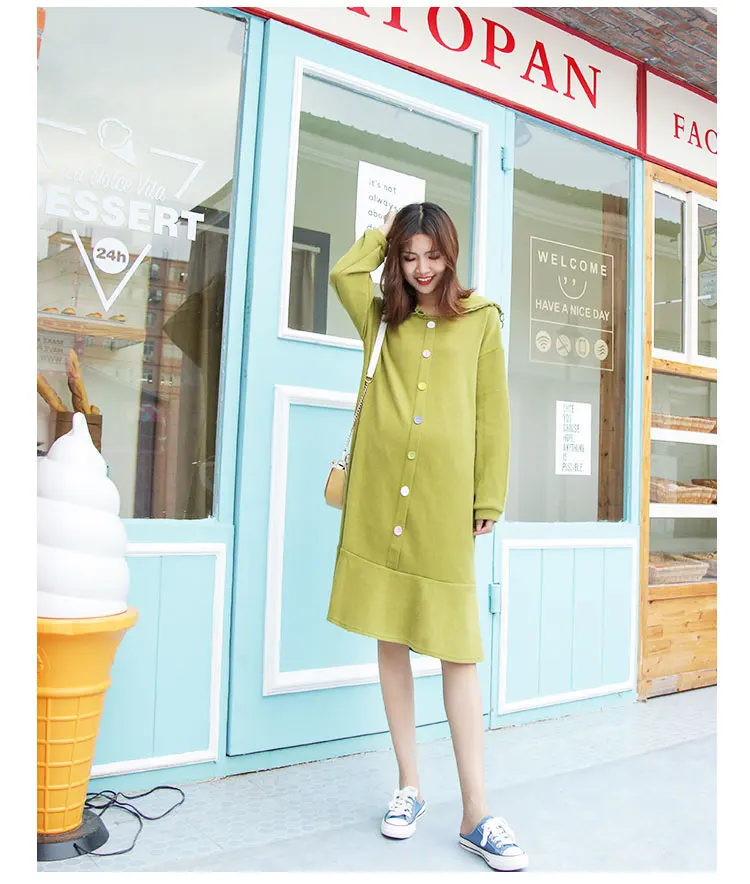 Winter Pregnant Women Dress Plus Size Embroidery Large Peter Pan Collar Long Sleeve Single-Breasted Maternity Knitting Dress