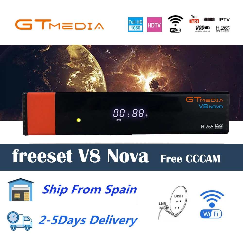 

GTmedia V8 NOVA Same as Freesat V7 V9 Super DVB S2 Satellite TV Receiver Receptor Decoder + 2 Year 7 lines European Cccam lines
