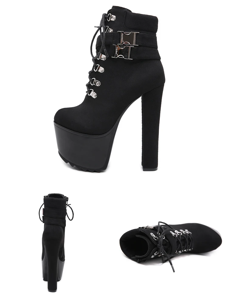 Eilyken/Модные женские ботинки хорошего качества; короткие ботинки на высоком каблуке и платформе, с пряжкой, на шнуровке; Черная Женская обувь; коллекция года; сезон осень