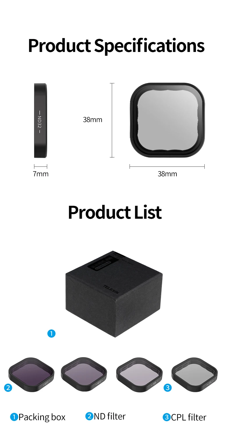 TELESIN 4 Packs ND8 ND16 ND32 CPL Lens Filter Set for Gopro Hero 10 9 Black Action Camera Accessories ND CPL Alloy Frame Lens TELESIN 4 Packs ND8 ND16 ND32 CPL Lens Filter Set for Gopro Hero 10 9 Black Action Camera Accessories ND CPL Alloy Frame Lens