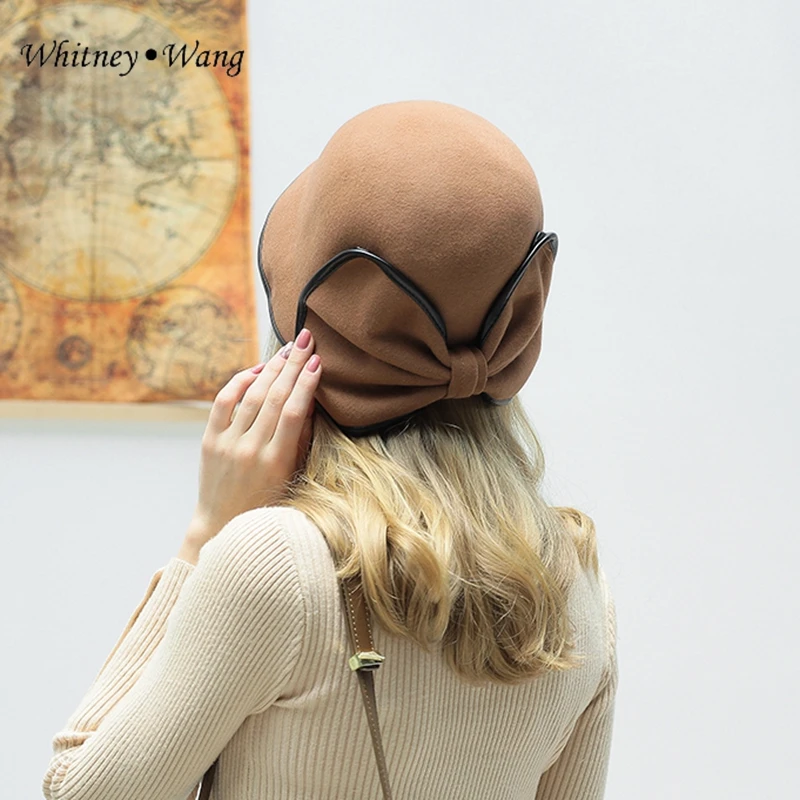 WHITNEY WANG осенне-зимняя модная уличная одежда дизайнерский стиль PU окантовка большой бант шерстяная шляпа женское зимнее пальто