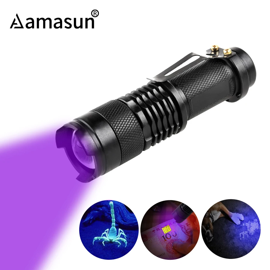 

LED 365nm 395nm UV Flashlight Ultraviolet Torch Zoomable Focus Mini UV Black Light Pet Urine Stains Detector Scorpion Hunting