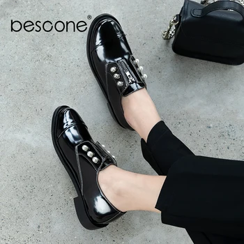 

BESCONE Round Toe Women Flats Fashion Pearl Zipper Decoration High Quality Casual Slip-On Comfortable Shoes Textured Flats BO530
