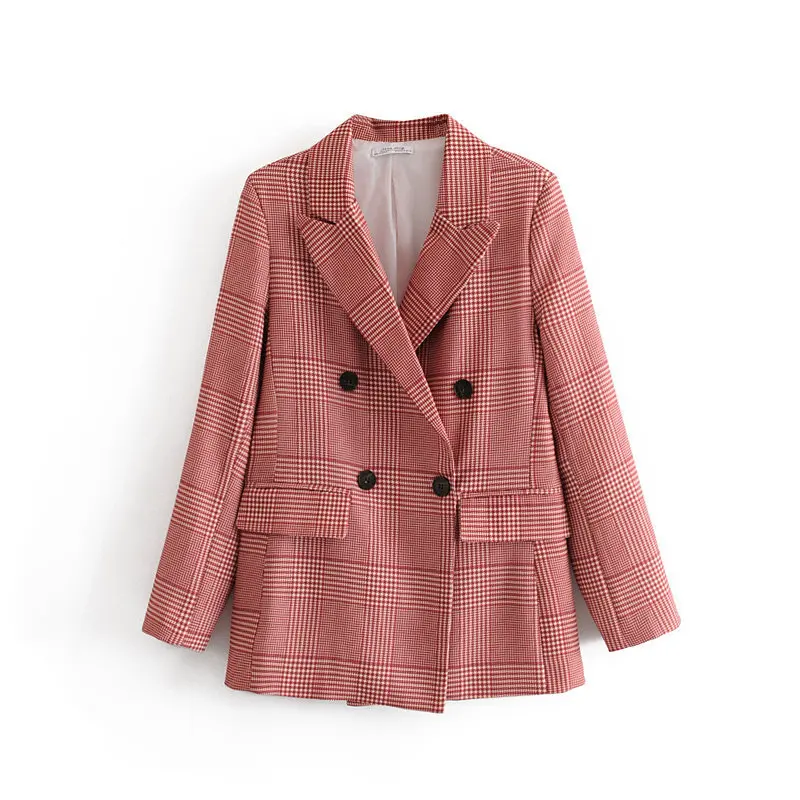 Autumn New Style WOMEN'S Dress Retro Ol Wind Double Breasted Pattern Straight-Cut Casual Plaid Suit Jacket Tops Women's