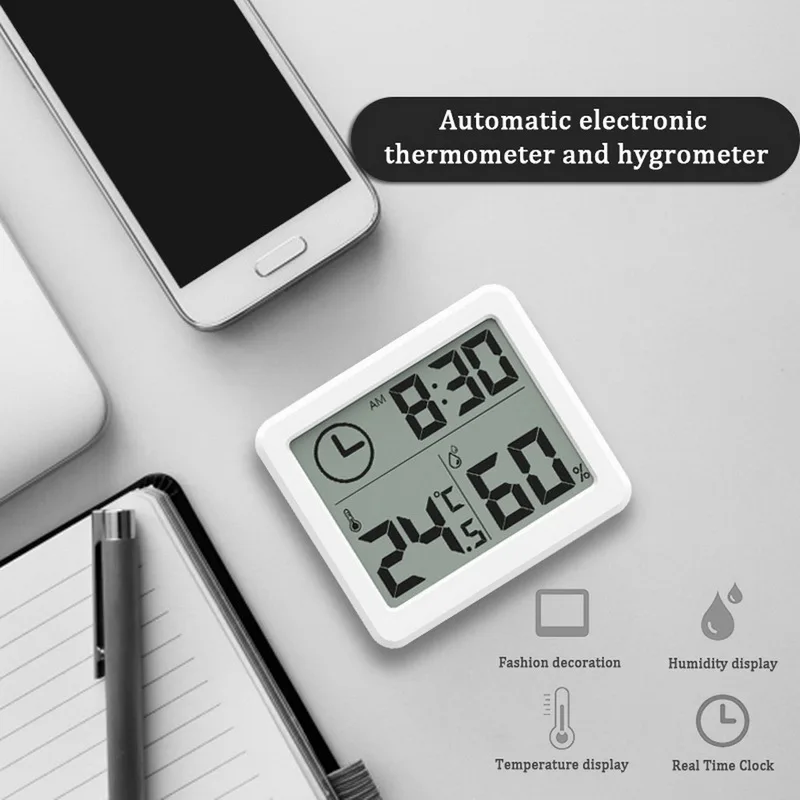 DIDIHOU гигрометр Измеритель влажности Цифровой комнатный термометр гигрометр с дисплеем времени - Цвет: white