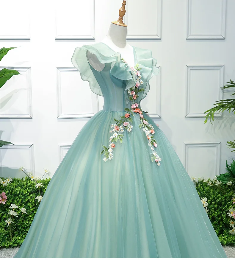 Синее Пышное Платье с бисером и цветочным узором, платье с жемчужинами и v-образным вырезом, милое 16 платье, Пышное Платье