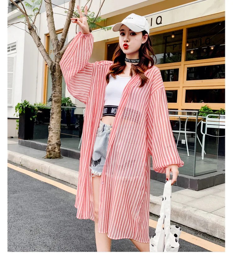 Spring And Summer New Style Korean-style Loose-Fit BF Mid-length Striped Shirt Hooded Sunscreen Coat Thin Coat
