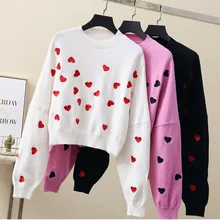 Осенне-зимняя корейская модная розовая Женская одежда с принтом в виде сердца; осенне-зимняя одежда с вышивкой; короткий вязаный свитер; пуловер; топы