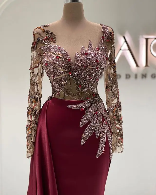 Luxury Beading Mermaid Prom Dresses Burgundy Long Sleeve Sexy Jewel Neck Evening Dress Party Wear Sweep Train Satin Gowns long prom dresses