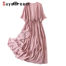 SuyaDream Women Long  Silk Blouses 100%Silk Georgette Butterfly Sleeves Sashes Blouse Shirt 2021 Summer Long Shirt