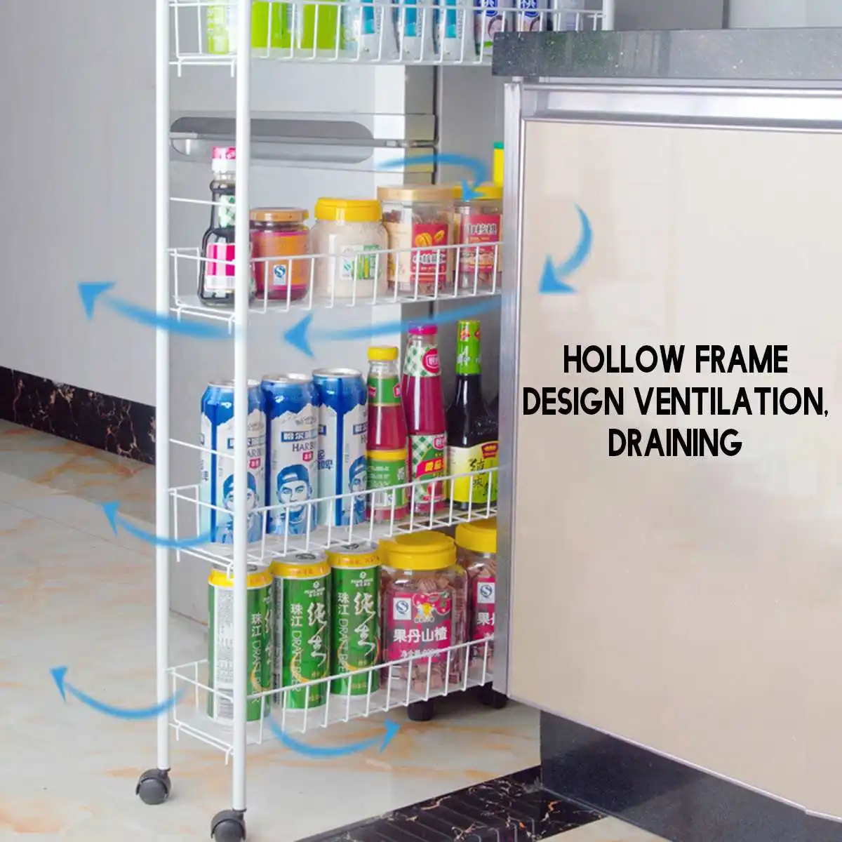 3/4 Layer Metal Gap~Kitchen Storage Rack Slim Movable White Iron Kitchen Bathroom Shelf Wheels Spac - 4000385904733