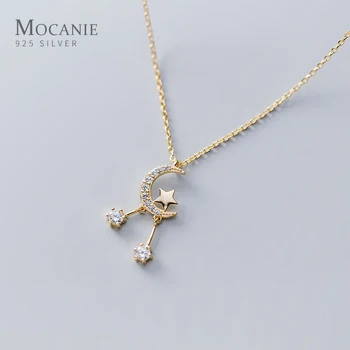 

Mocanie Real 925 Sterling Silver 3 Color Glittering CZ Lovely Stars Moon Pendant Necklace for Women Luxury Wedding Fine Jewelry