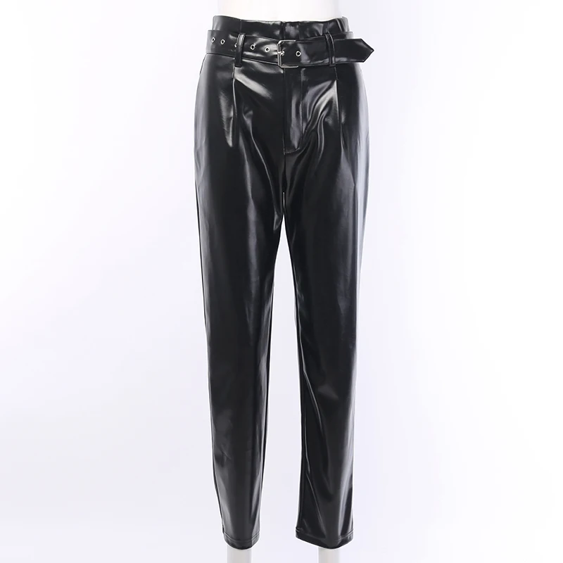 WannaThis Black Faux Leather Straight Pants With Belt Elegant Casual Women Autumn High Waist Streetwear Ladies Vintage Trousers