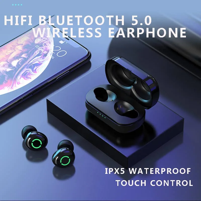 T5 TWS Wireless Earphone Sport Running Bluetooths 5 0 Waterproof Earbuds Mini Touch Control Stereo Headset with Charging Box Mic