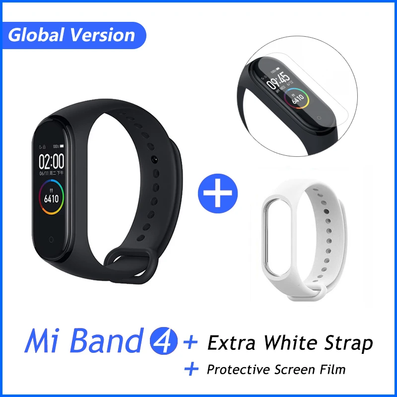 Xiaomi mi Band 4 новейшая музыка Смарт mi band 4 Браслет Пульс фитнес 135 мАч цветной экран Bluetooth 5,0 - Цвет: GB Add White Film