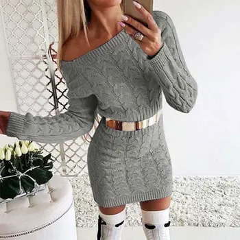 

2020 Autumn Winter Sweater Dress Women Warm Long Sweater Ladies Thicken Off Shoulder Sweater Ladies Knitted Long Sweater Dress