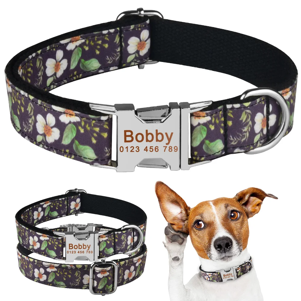 AiruiDog Adjustable Dog Collar Personalized Name Engraved Nylon Small Medium Large Dogs