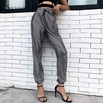 

Sliver Plaid Pants for Women High Waist Gilding Drawstring Loose Sweatpants Harajuku Ladies Trousers Fashion Pantalones Mujer