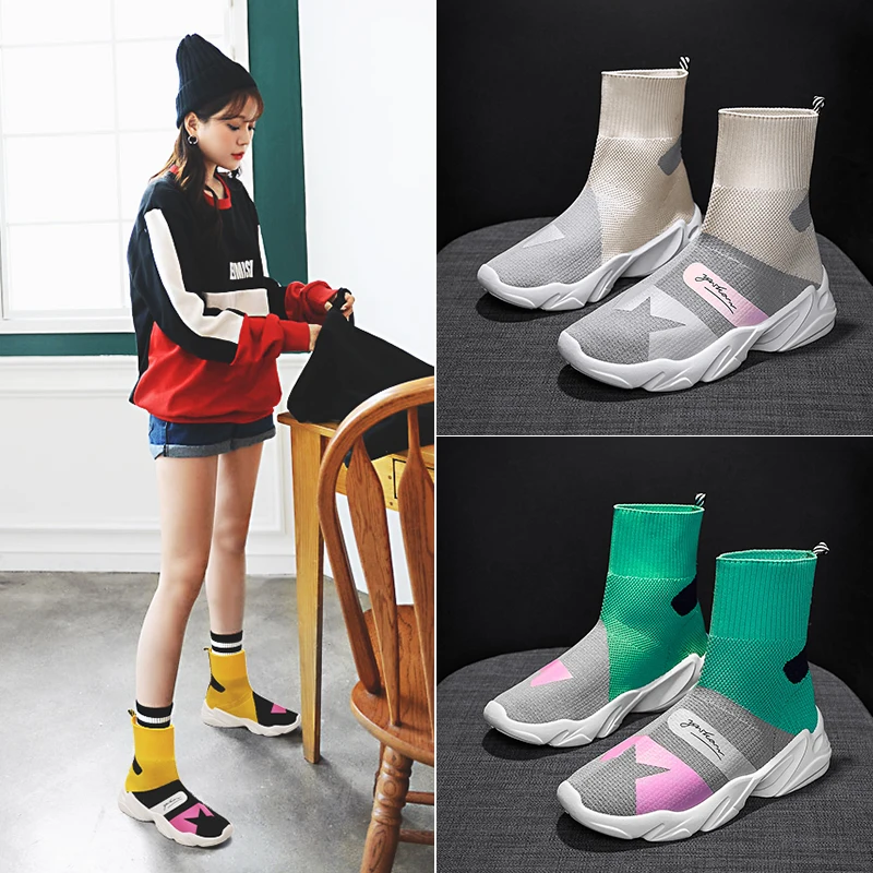 

Yellow Women Running Shoes Slip Up High Top Socks Shoes Women Running Shoes Breathable Sneakers Breathable Shoes Woman Sport