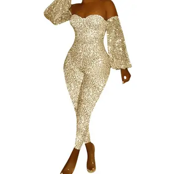 

Strapless Sequin Jumpsuit Lantern Long Sleeve Bodycon Party Club Night Playsuit Sexy Off Shoulder Long Romper