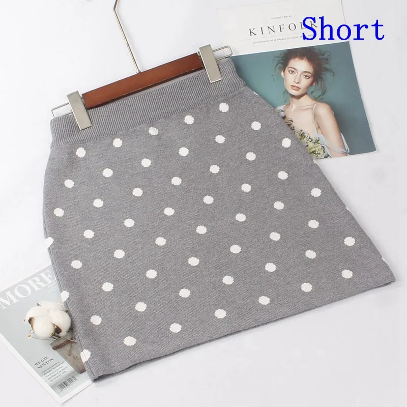 grey Short GIGOGOU толстые осенне-зимние женские юбки с высокой эластичностью в горошек, длинный вязаный свитер, юбка, теплая женская черная юбка-карандаш - Цвет: grey Short