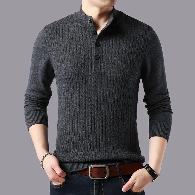 Jersey de cuello alto con botones para hombre, Jersey grueso y cálido, ajustadas coreanas, de lana pura merina, de marca a la moda, para invierno