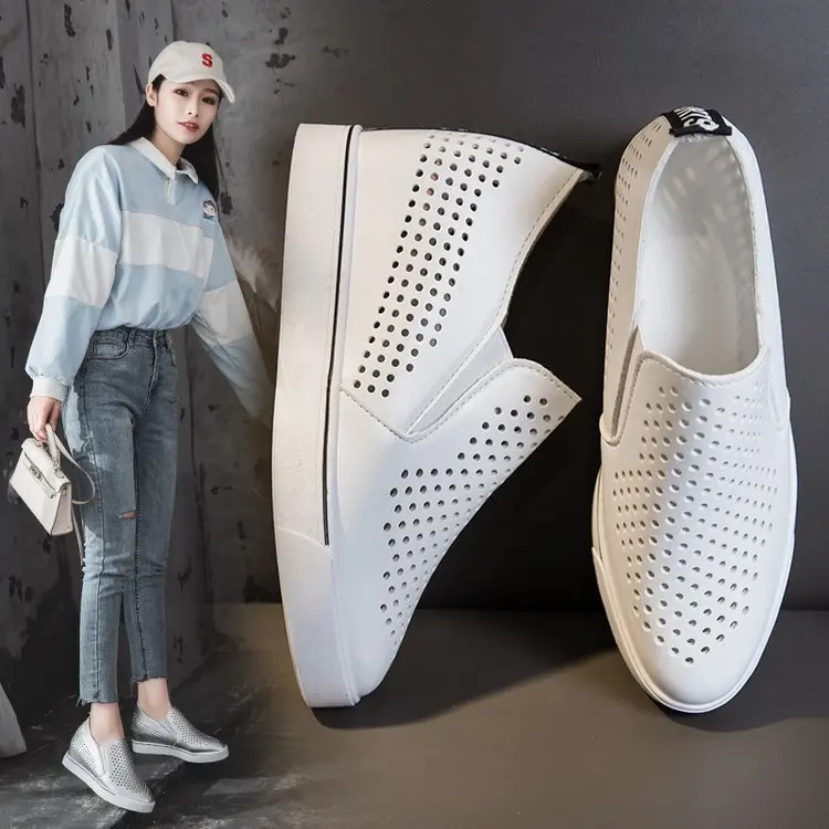 

2020 Spring Summer Slip-on Hollow out Foot Covering Thick Bottomed Shoes Slanted Heel-Toe Elevator Casual Breathable WOMEN'S Sho