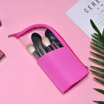 

Fashion Half Transparent Makeup Bag Zipper Closure Cosmetic Pouch Portable Organizer Stand-up Brush Holder Travel Multifunction