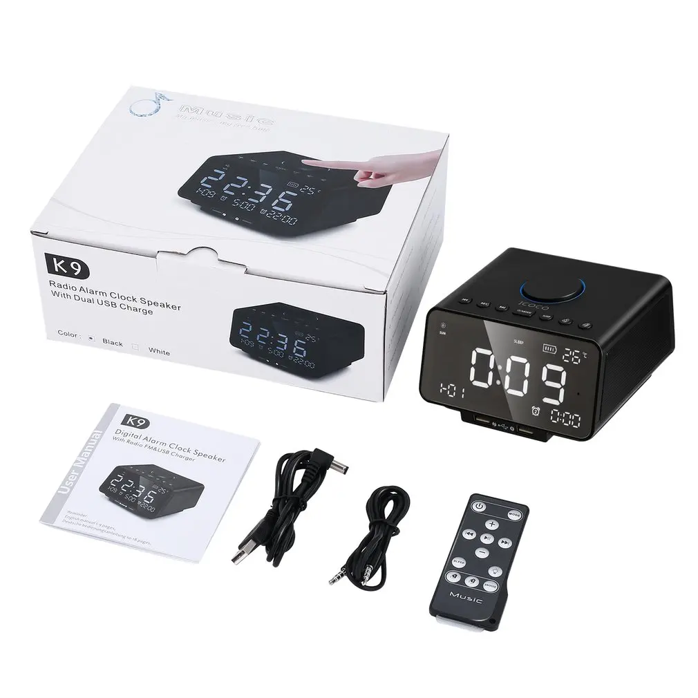 

ICOCO Digital Alarm Clock Speaker with FM Radio USB Charger LED Display Indoor Temperature/Day/Date Display,Nap/Sleep Timer
