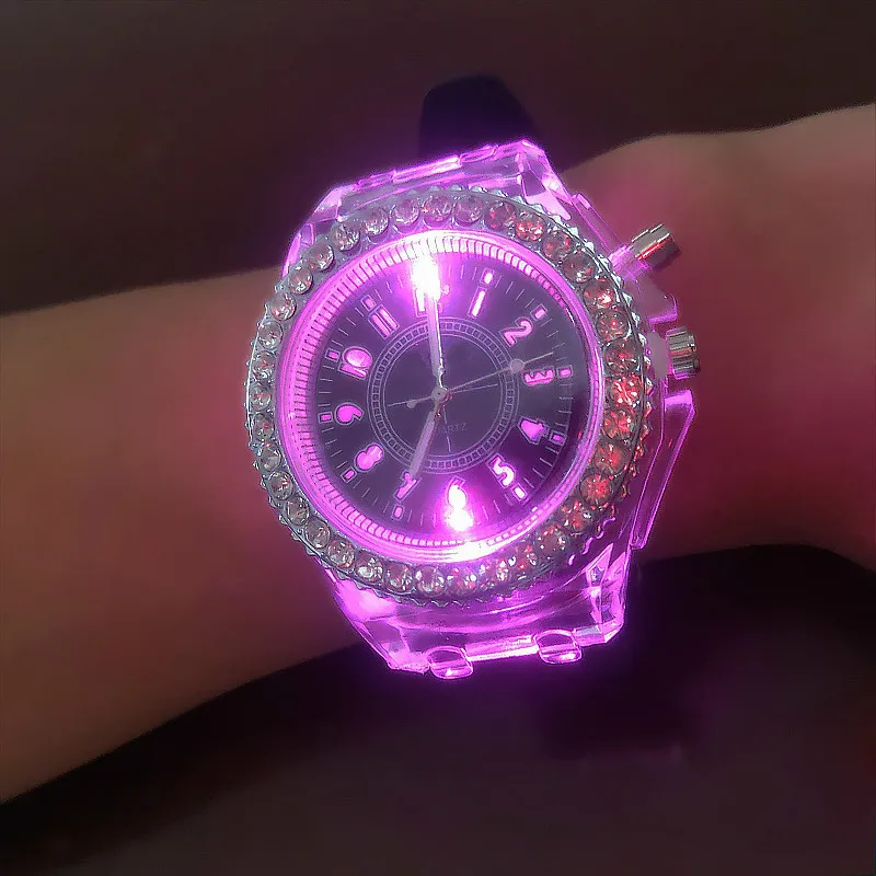 

Fashion Colorful LED Flash Silicone Watch with Rhinestone Womens Watch Rubber Band Woman Digital Watch 2020