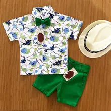 Комплекты из 2 предметов летняя одежда для маленьких мальчиков с рисунком динозавра, США топы с принтом, короткая рубашка зеленые шорты, штаны, одежда для милого мальчика