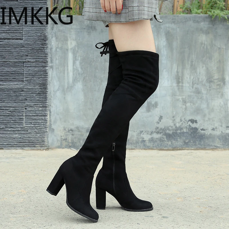 Новые женские Сапоги выше колена из флока пикантная женская обувь на высоком