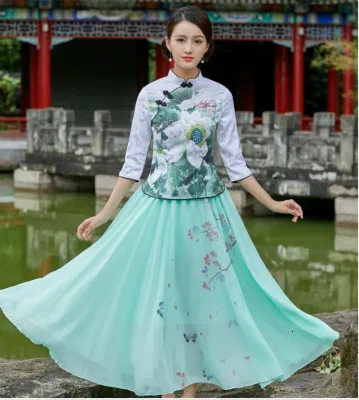 light purple set Sheng Coco китайская блузка с принтом птиц цветов Cheongsam куртка китайский стиль Qipao Костюм Deux кусок Chinois традиционные рубашки - Color: light purple set