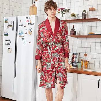 

Cross-Border Men One-Piece Silk Robe Summer Thin Silk-like Long Sleeve Pajamas XL Bathrobes#g2