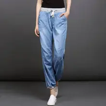 Сезон весна-лето новые тонкие джинсы для женщин и девочек модные спортивные брюки, шаровары свободные 9 штанов