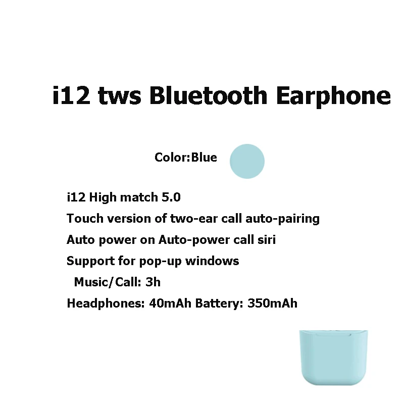 i12 blue I12 TWS Bluetooth 5,0 беспроводные наушники спортивные стерео умные сенсорные наушники i7 TWS наушники-вкладыши Bluetooth наушники I9s музыкальный наушник - Цвет: i12 blue